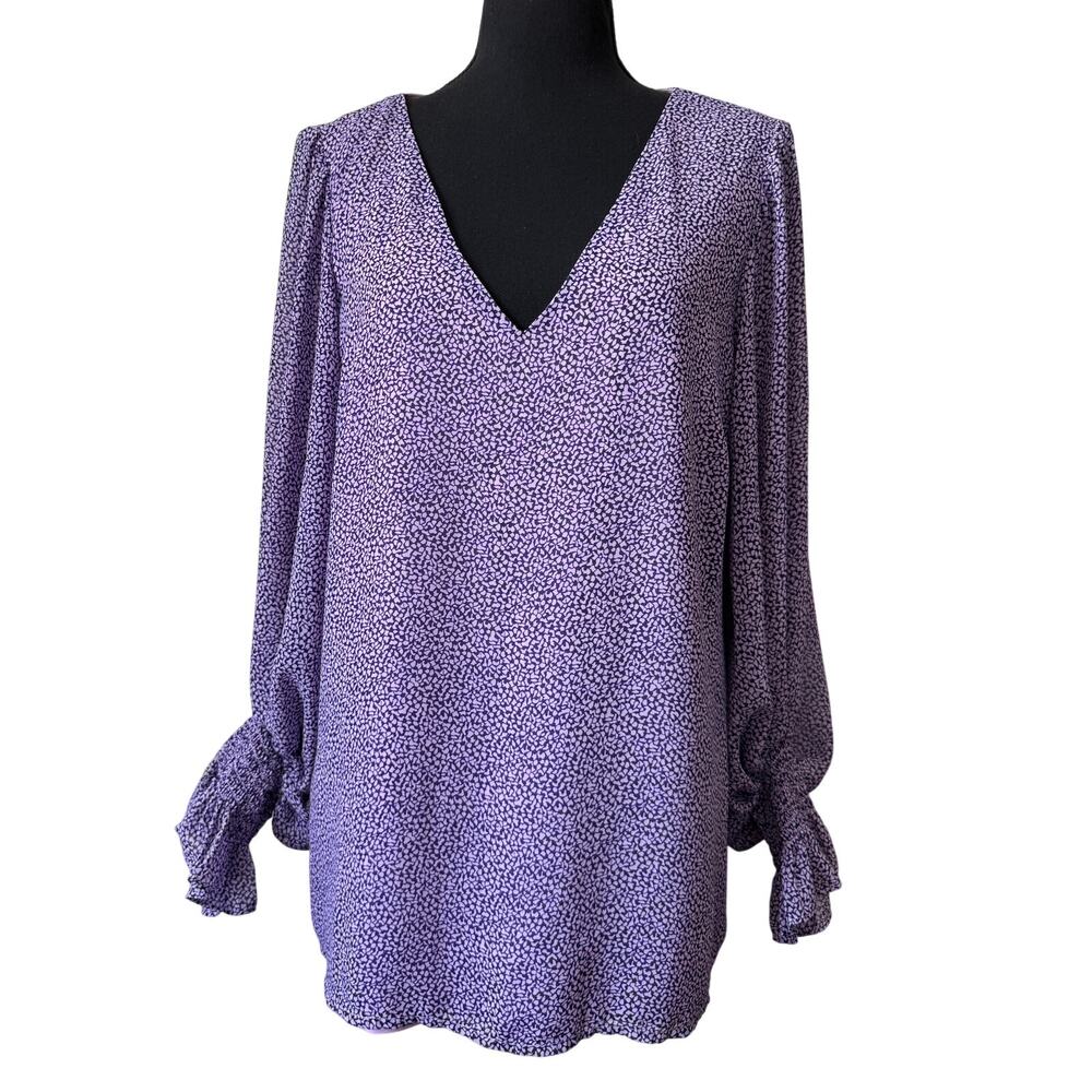 CeCe Sz XL Purple Abstract Chevon Like Balloon Long Sleeves Ruffled Cuff | EUC
